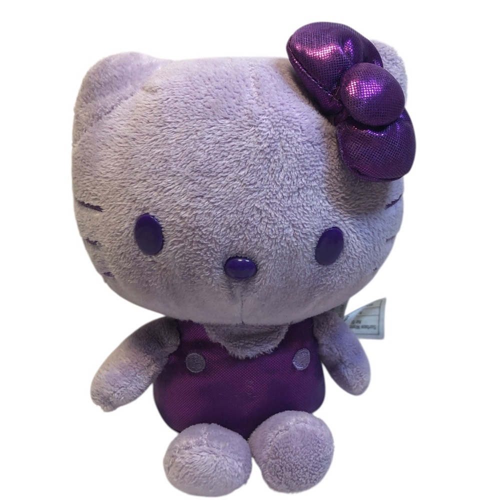 2014 Purple Hello Kitty plush with shiny outfit and bow, 9"